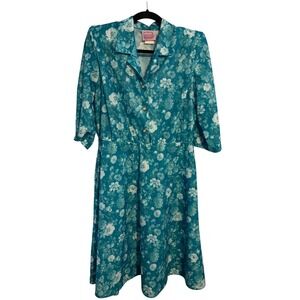 California Looks Vintage Teal Floral Shirt Dress Womens 12P Petite Made in USA